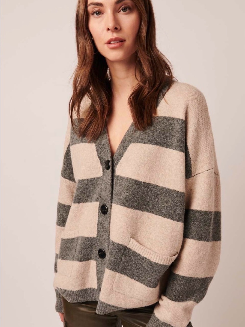 John + Jenn Beige and Gray Striped V-Neck Button Cardigan